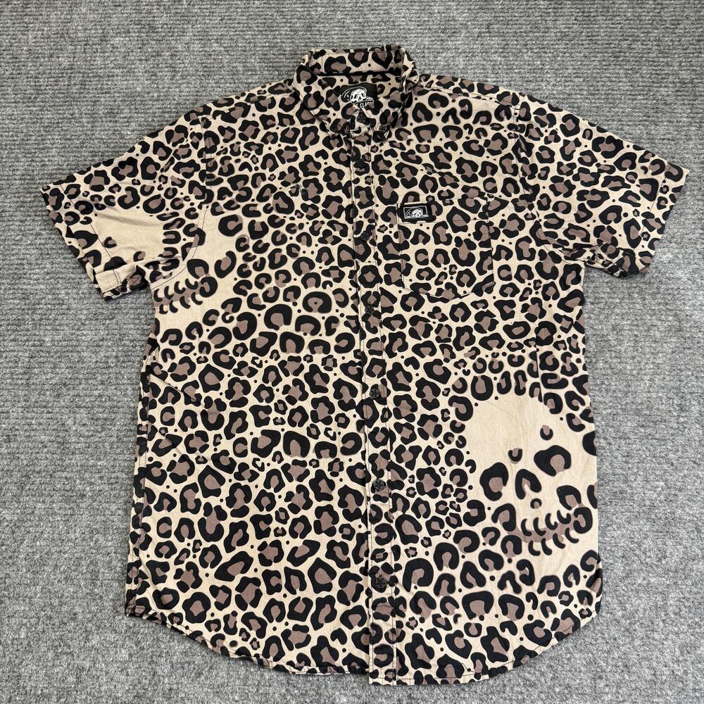 Lurking Class Shirt Mens Large Brown Leopard Skull Print Short Sleeve Button Up